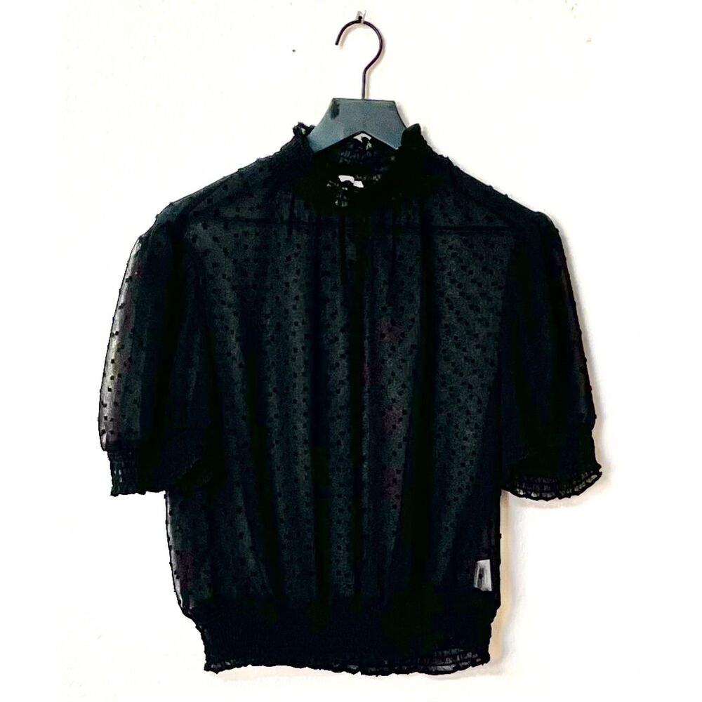 Meraki High Collar Sheer Black Spotted Coquette Crop Top Size Large